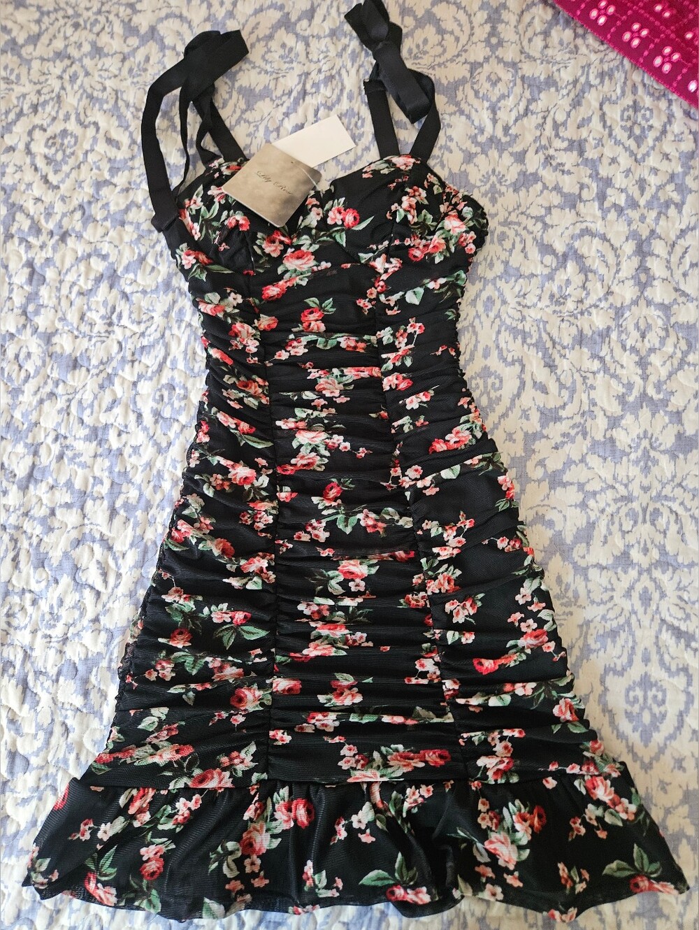 Floral Ruched Black Sundress with Rose Print